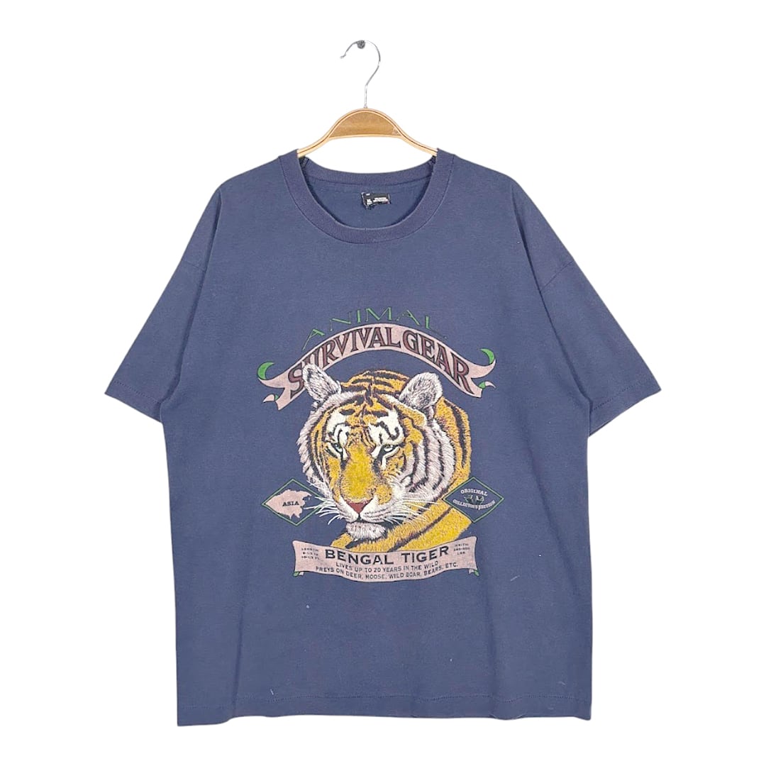 90s トラ ベンガルタイガー ヴィンテージ Tシャツ 動物アニマル柄 ネイビー シングステッチ サイズXL BZ0611