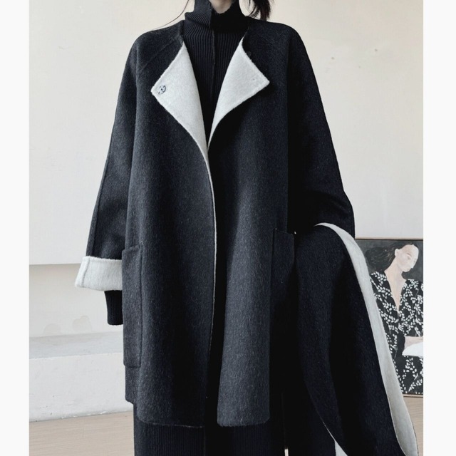 Loose collarless coat and muffler set【2color】 C0868