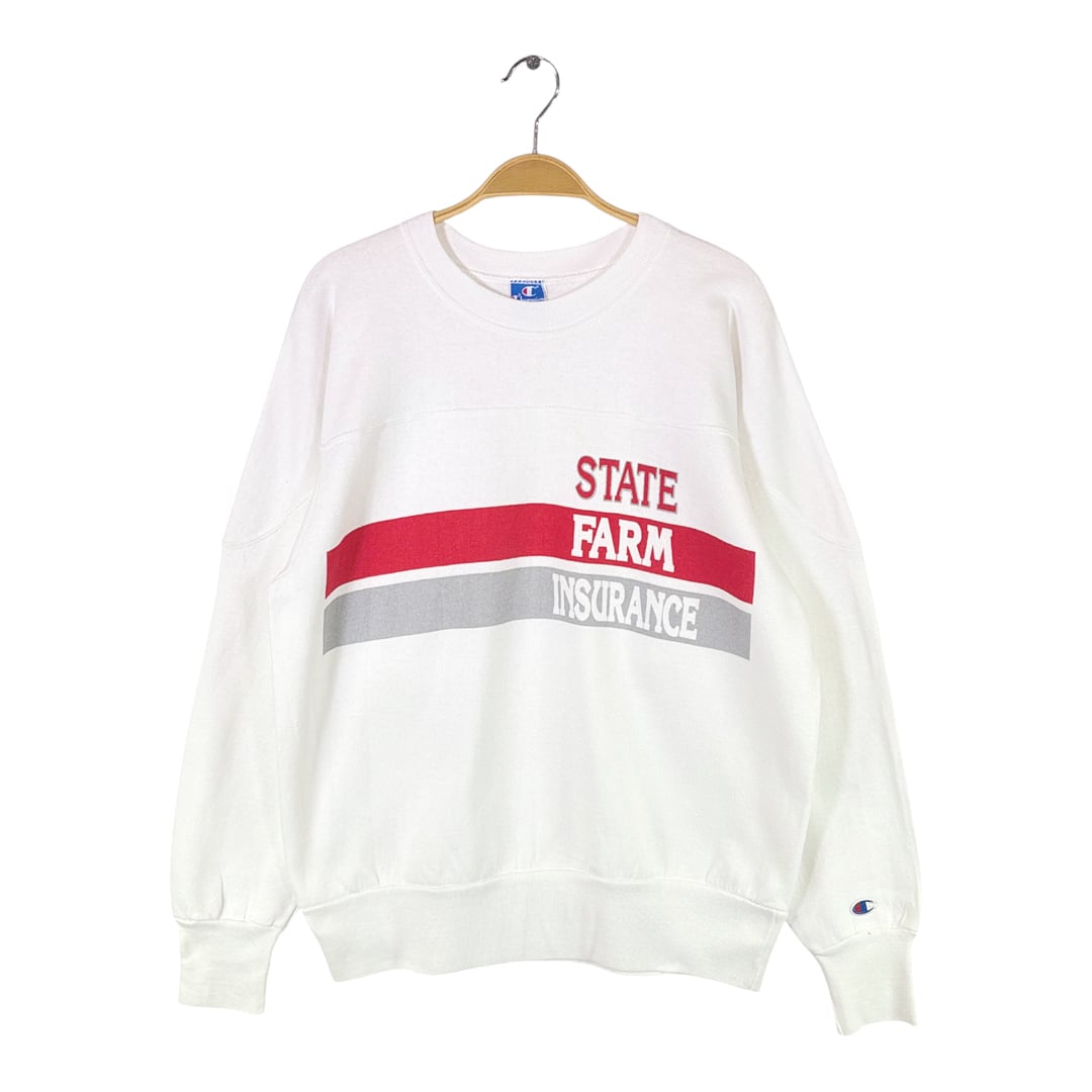 80s チャンピオン USA製 ヴィンテージスウェット フットボールショルダー STATE FARM INSURANCE ホワイト メンズM 古着 @CF0981