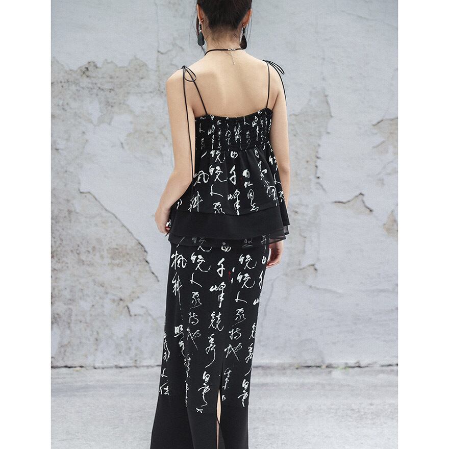 中華ゴシック ロングスカート 漢字 書道プリント柄 刺繍 大青龍肆 夏服
