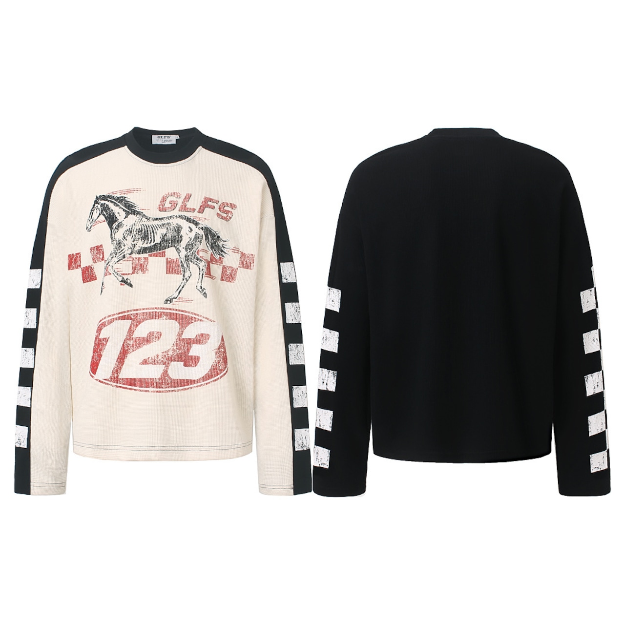 VINTAGE ストリート ホースグラフィック ワッフルロングTシャツ T2233