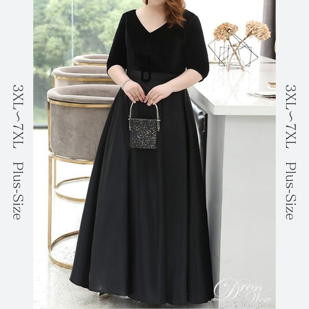【3XL〜7XL】ベルベット切替Vネックドレス D1618