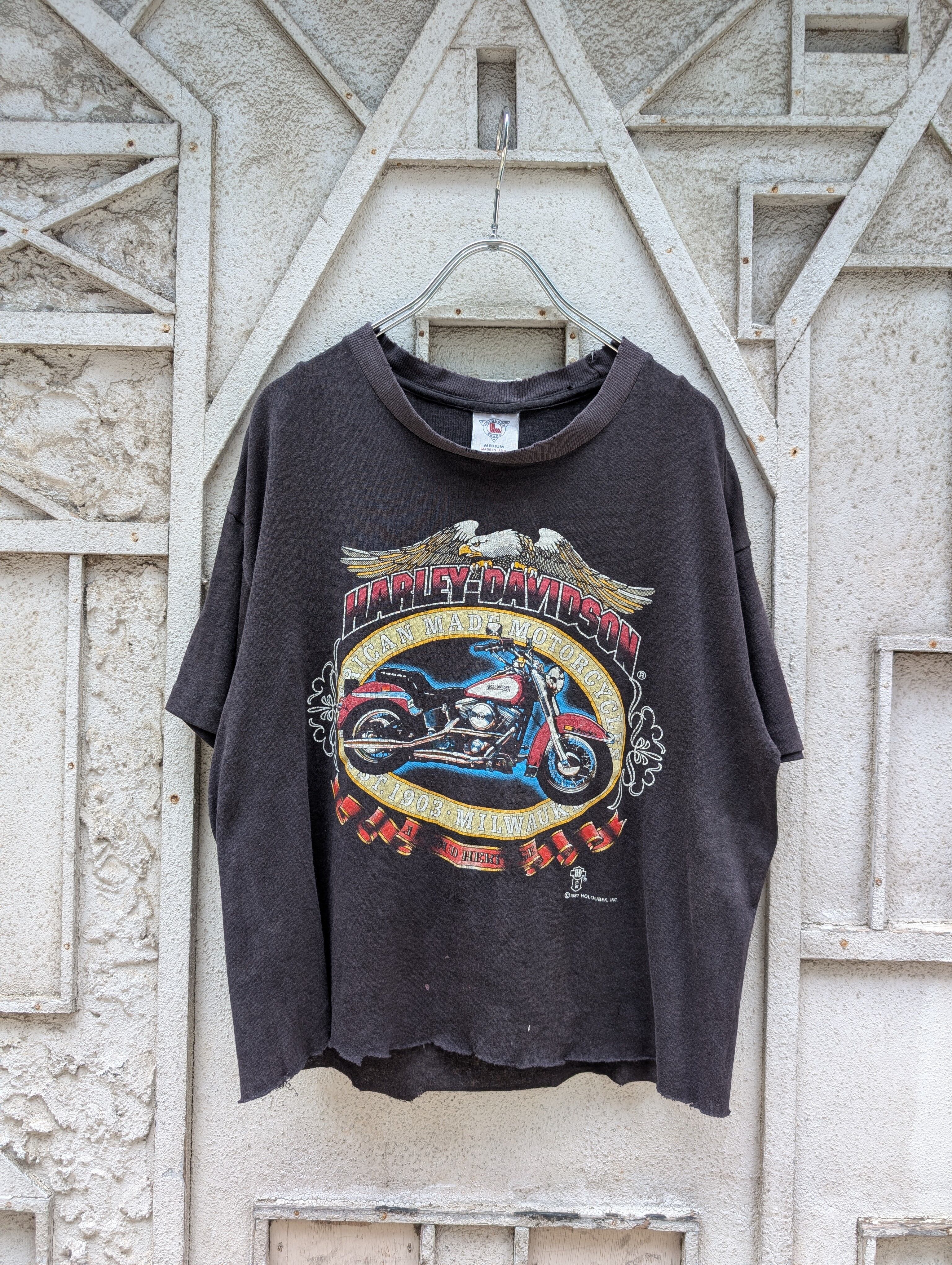 "HARLEY DAVIDSON" cut off print tee / made in USA