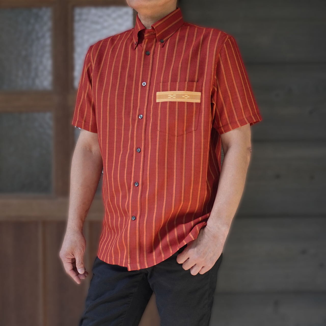 Reflax(R)ECO 先染めバスケットストライプ ボタンダウン 半袖 シャツ