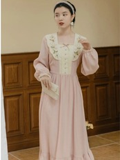 【0044】Retro Floral Collar Pink Long Short Sleeve Dress