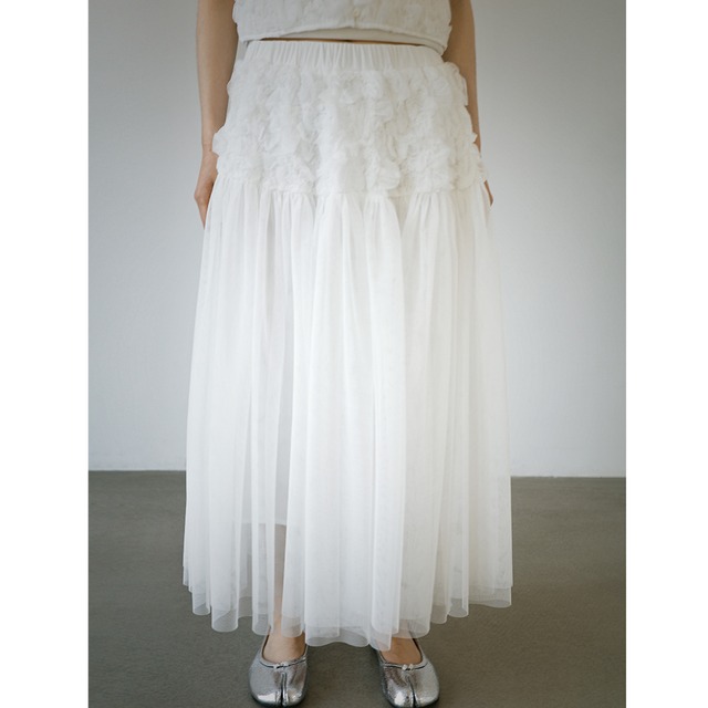 Gathered lace switching long tulle skirt   G1147