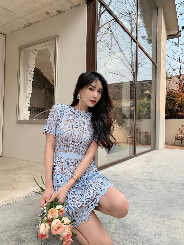 総レース 半袖 ワンピース ドレス ミニ丈 パーティドレス キャバドレス 水色 Choice 31 レディースファッション通販