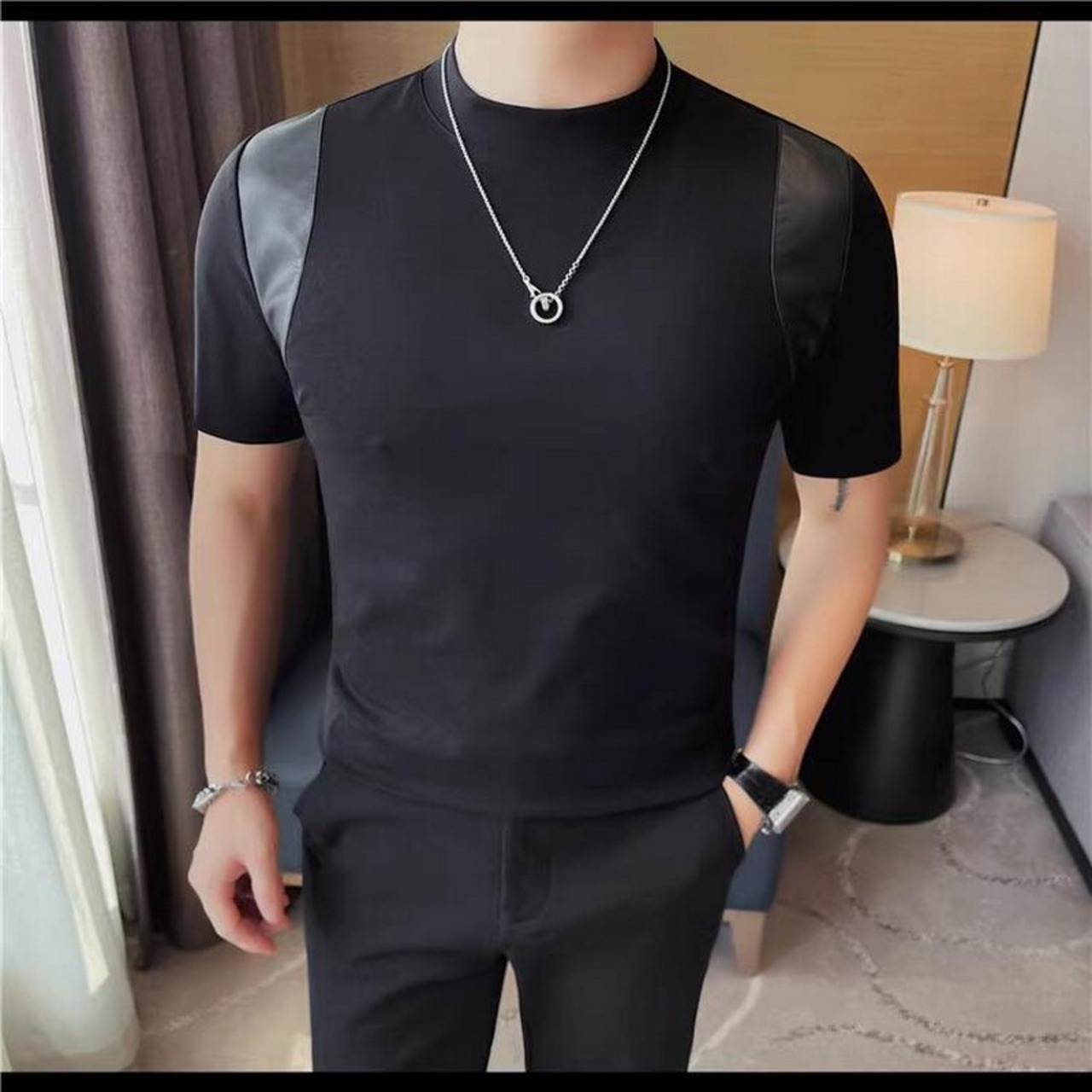 round neck splice short sleeve T-shirt 00285