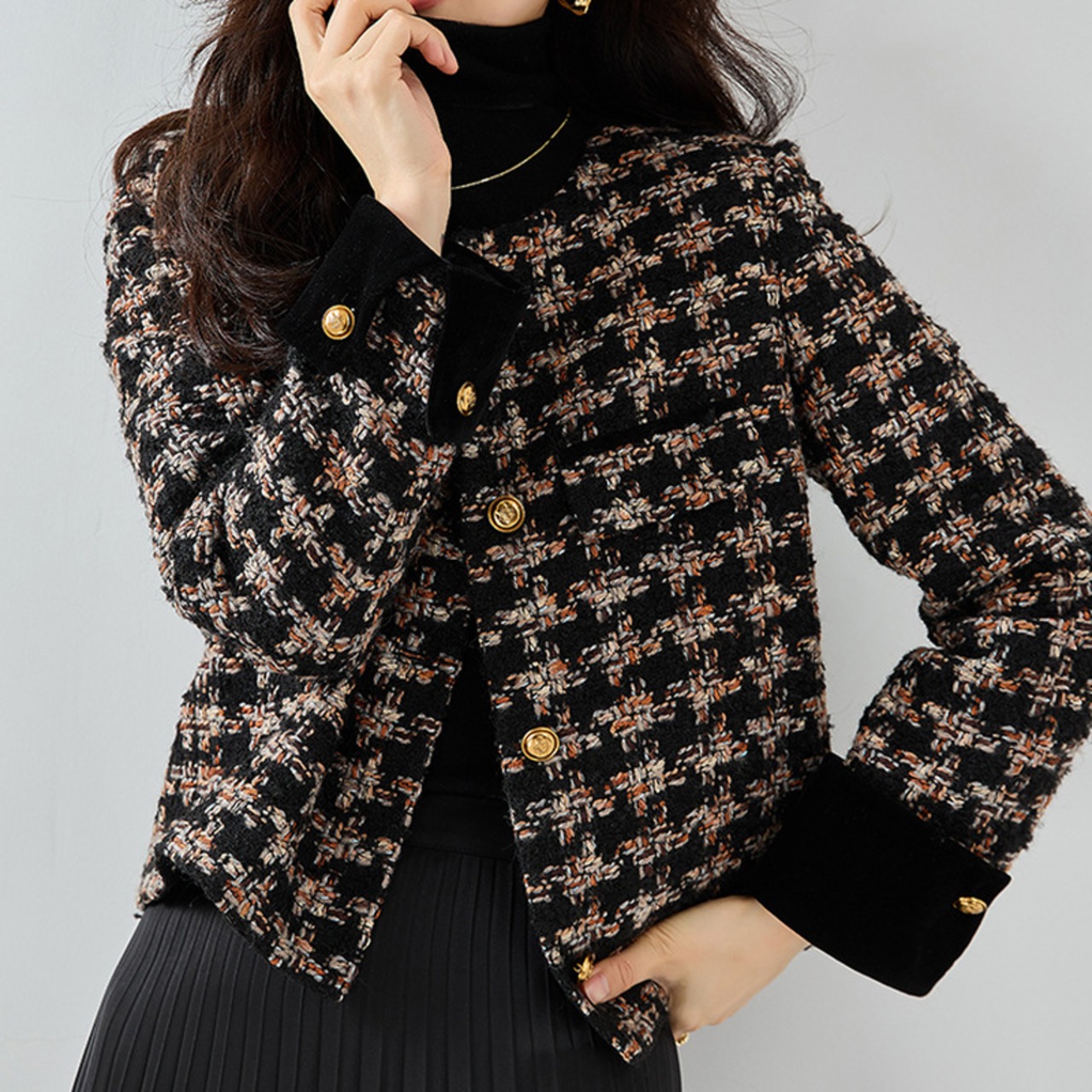 ハイネックツイードクロップドジャケット W01112