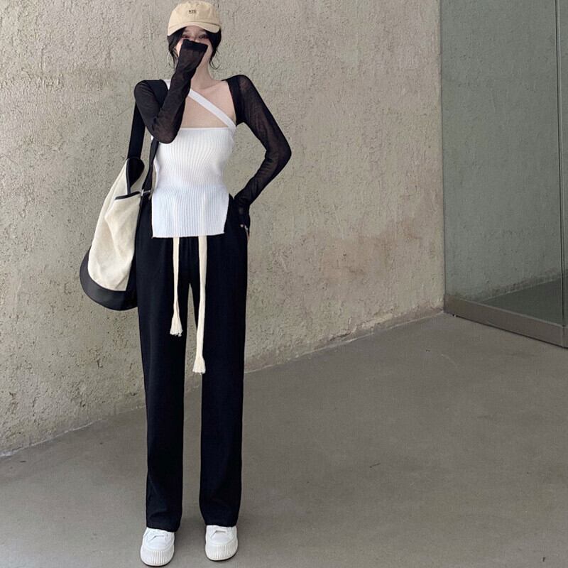 オータムニットトップス ショートカーディガンハイウェストパンツ レディース ロング ストリート 秋物 オフショルダー ガールズファッション97095635075