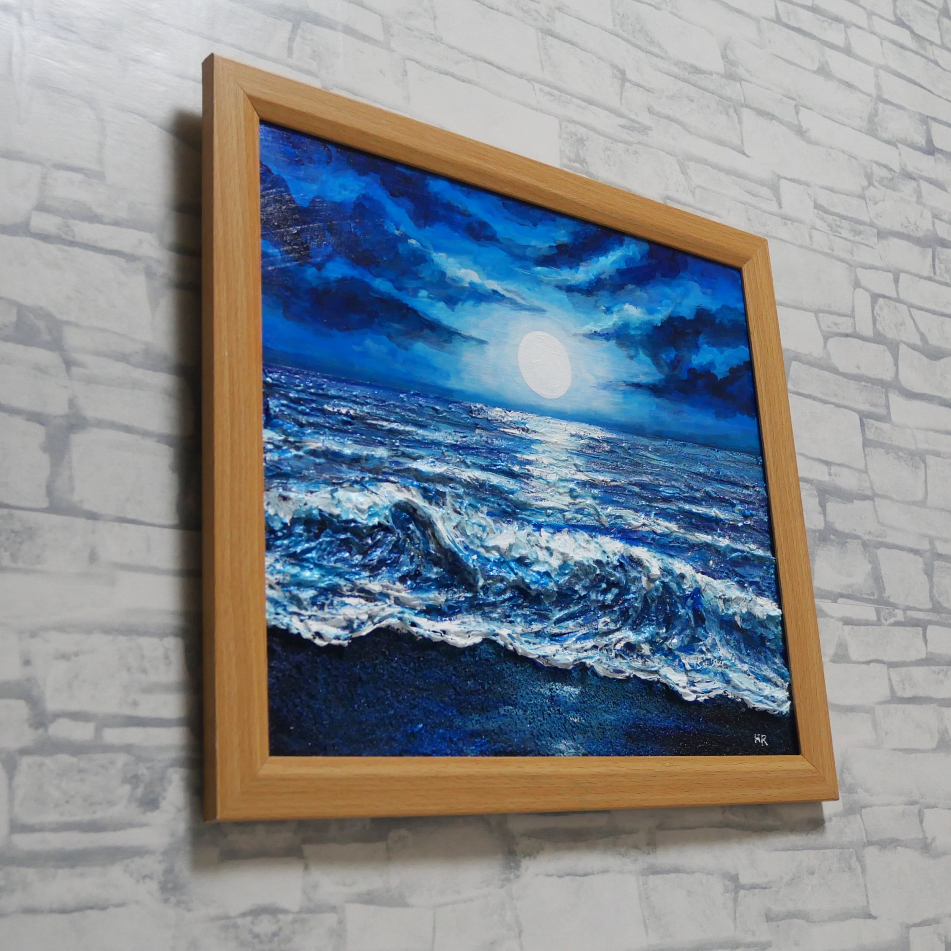 「月夜」　手描き　油絵　風景画　原画　油彩画 油彩画『月明かりの海』夜の静寂と波のきらめき｜原画・一点物