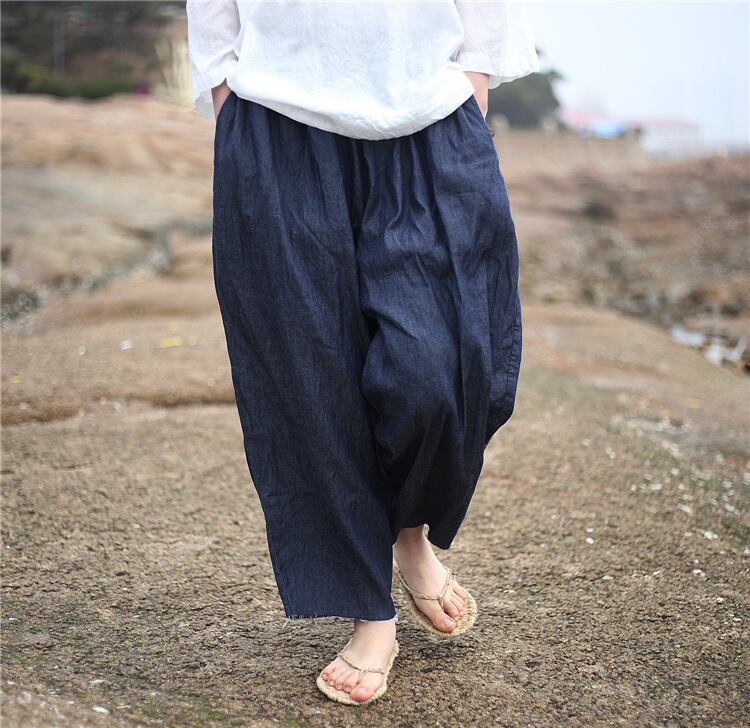 ダークブルーストレッチウェストルーズカジュアルパンツ エラスティック 伸縮 ナチュラル 天然 Yiranxuaディースワード39259319976