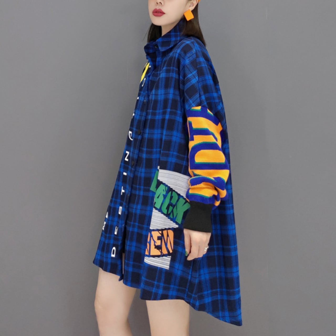 グラフィックプリントオーバーサイズチェックシャツ R0009