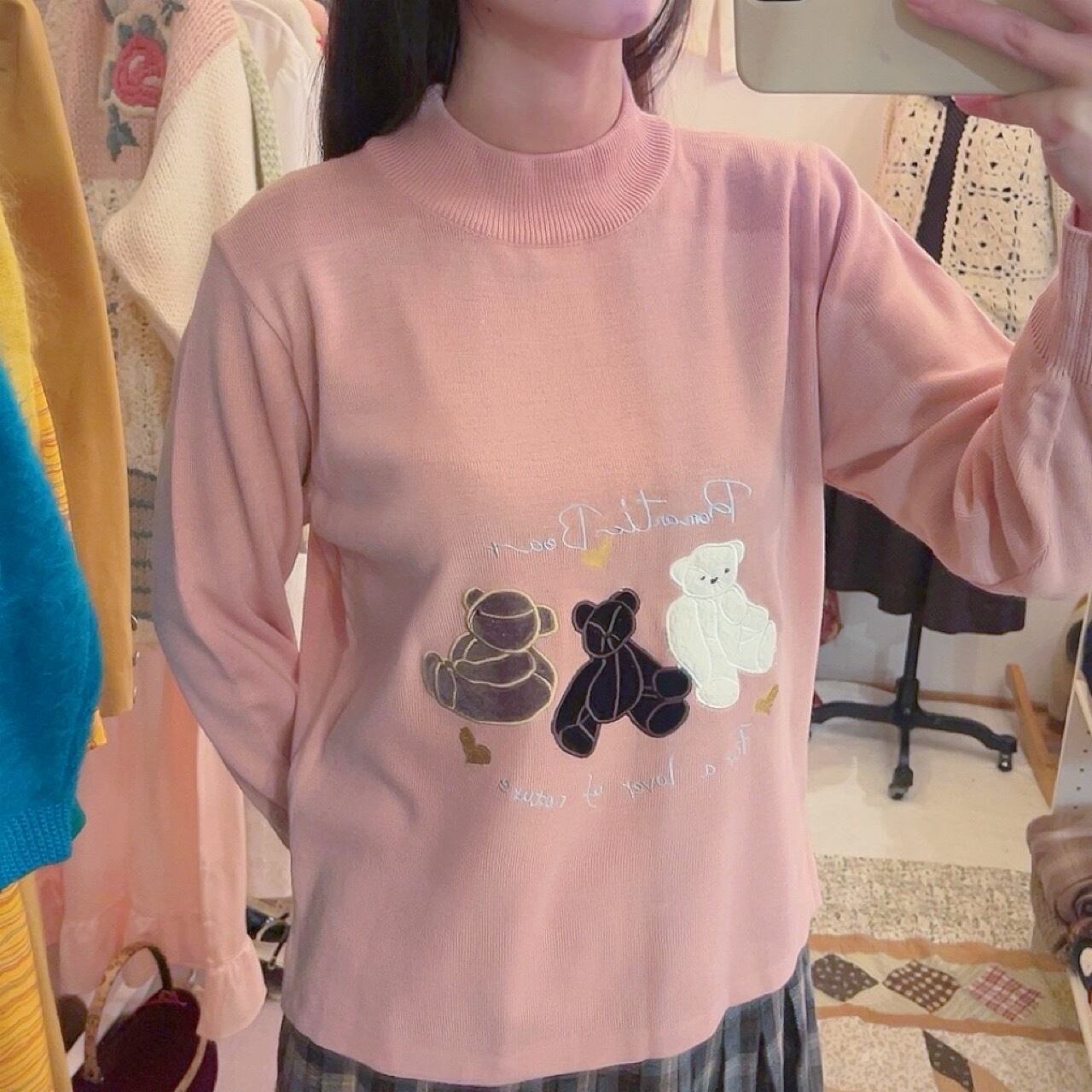 bear applique pink knit sweater