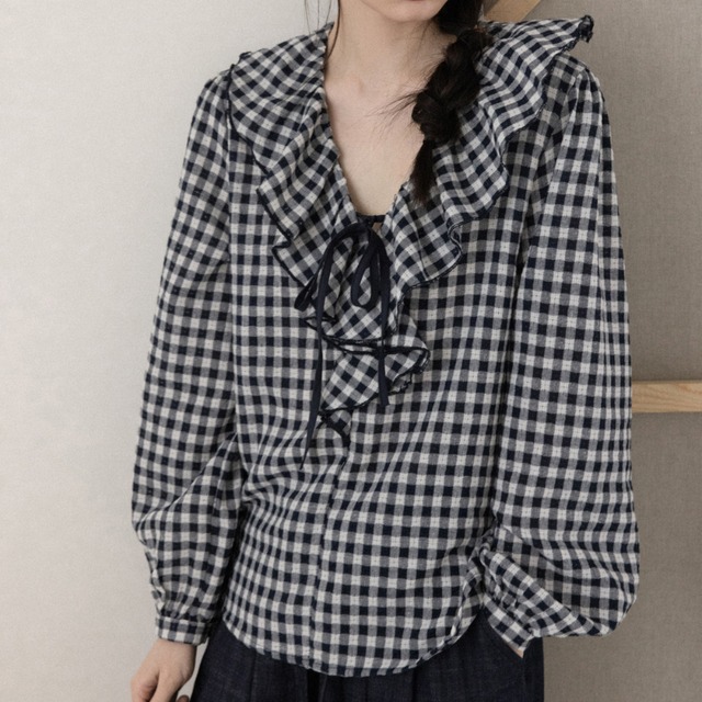 gingham check frill blouse　J00515
