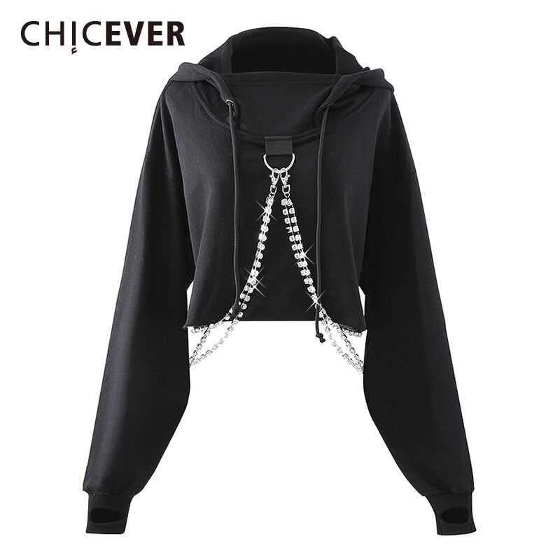 CHICEVERブラックスウェットシャツレディースフード付きカラー長袖パッチワークダイヤモンド特大ショートプルオーバー2021 ロング 6base545128119160