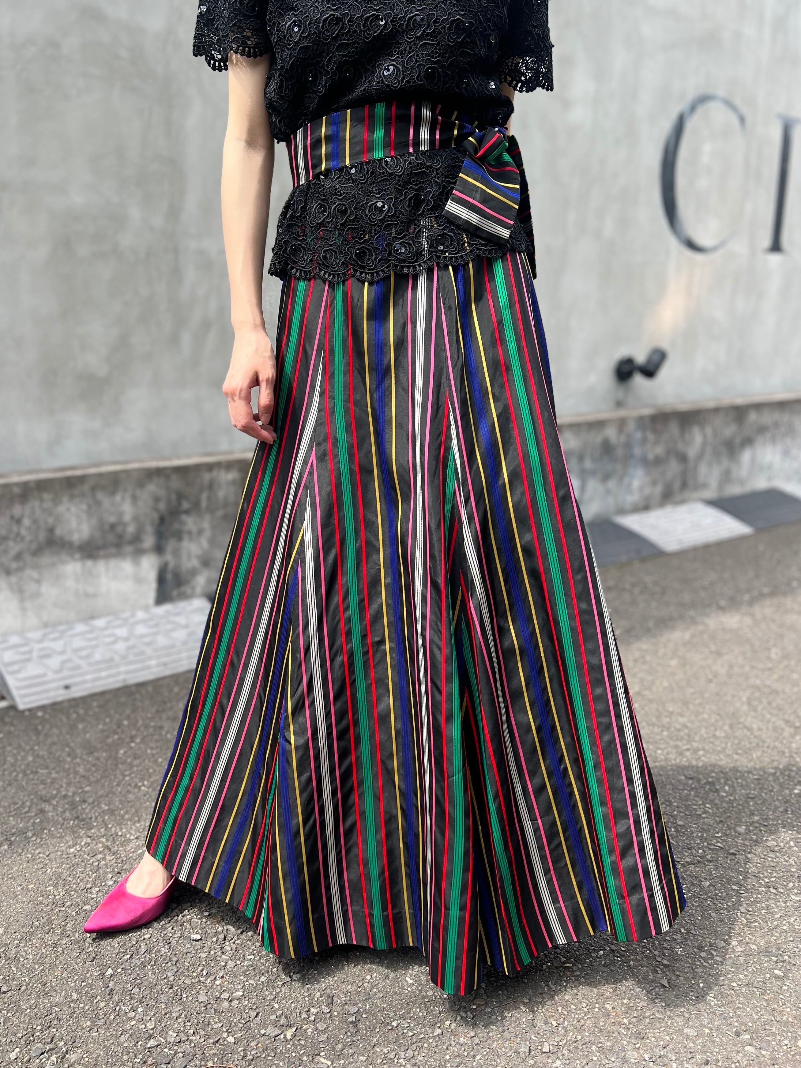 50s black × multi color stripe long skirt ( ヴィンテージ ブラック 