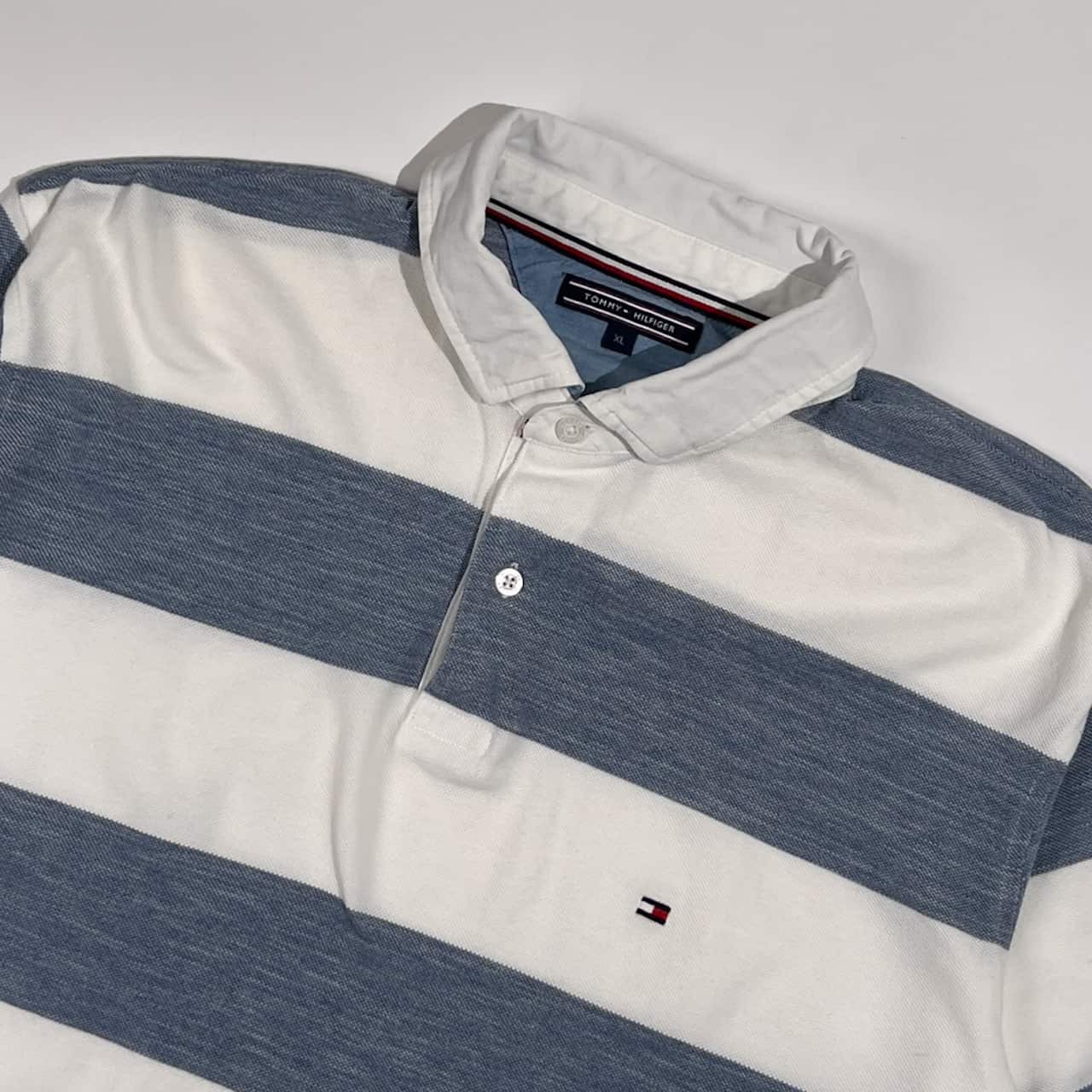 TOMMY HILFIGER トミーヒルフィガー ボーダー 鹿の子 半袖 ポロシャツ サイズ XL /ホワイト×ブルーグレー系 メンズ