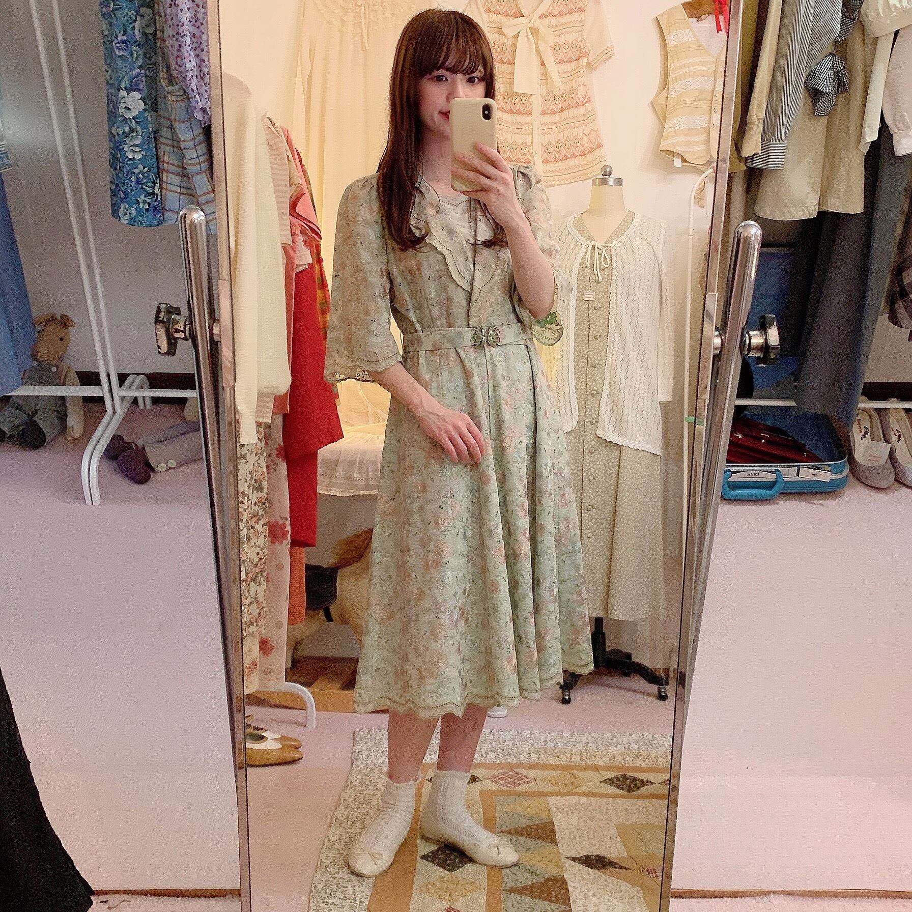 flower embroidery lace green one-piece