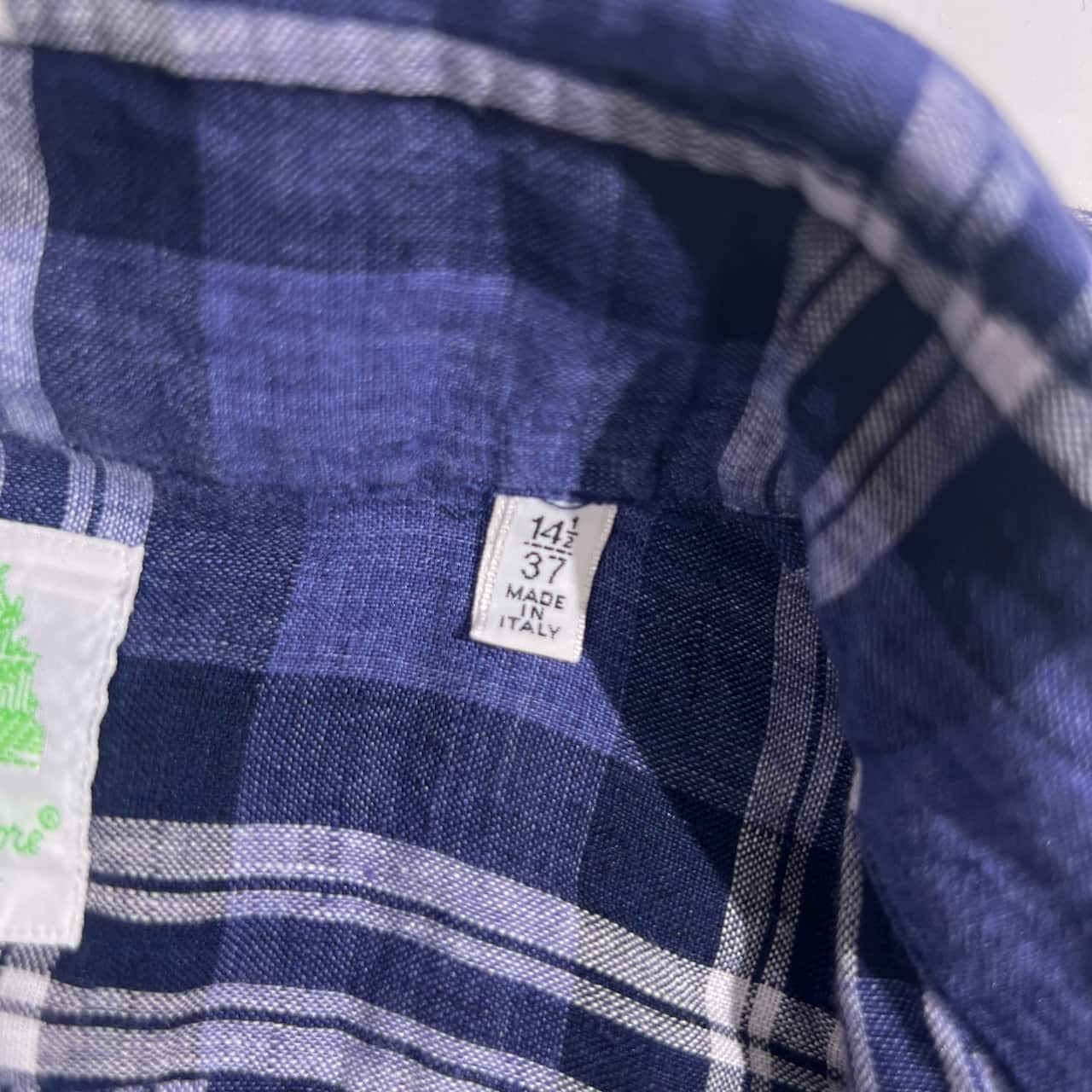 リネン100％ イタリア製 Finamore フィナモレ チェック柄 長袖シャツ 14 1/2 37/ブルー系 メンズ