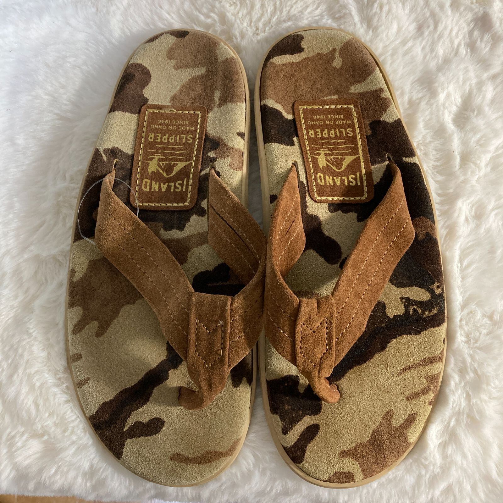  SLIPPER レザースエードコンビ サンダル　迷彩 ハワイ製 ISLAND SLIPPER アイランド スリッパ スエードレザー