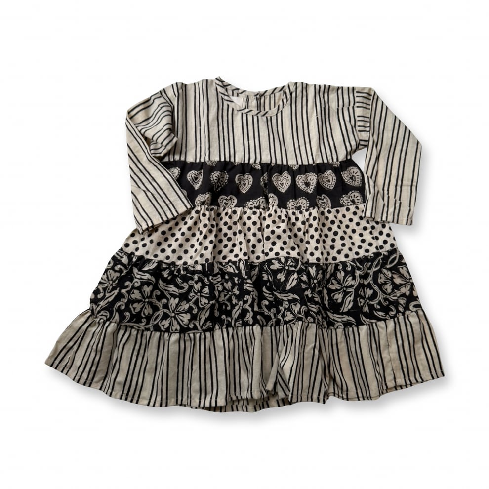 Paneled Textiles Tiered Dress Black【saruche】ワンピース ブロックプリント
