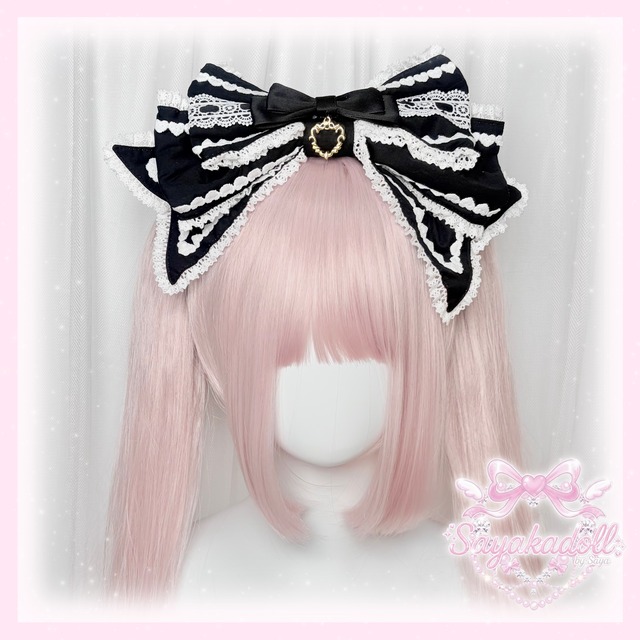 ♡【全5色】MAID ハートチャーム マットリボンフリルレースカチューシャ black ♡