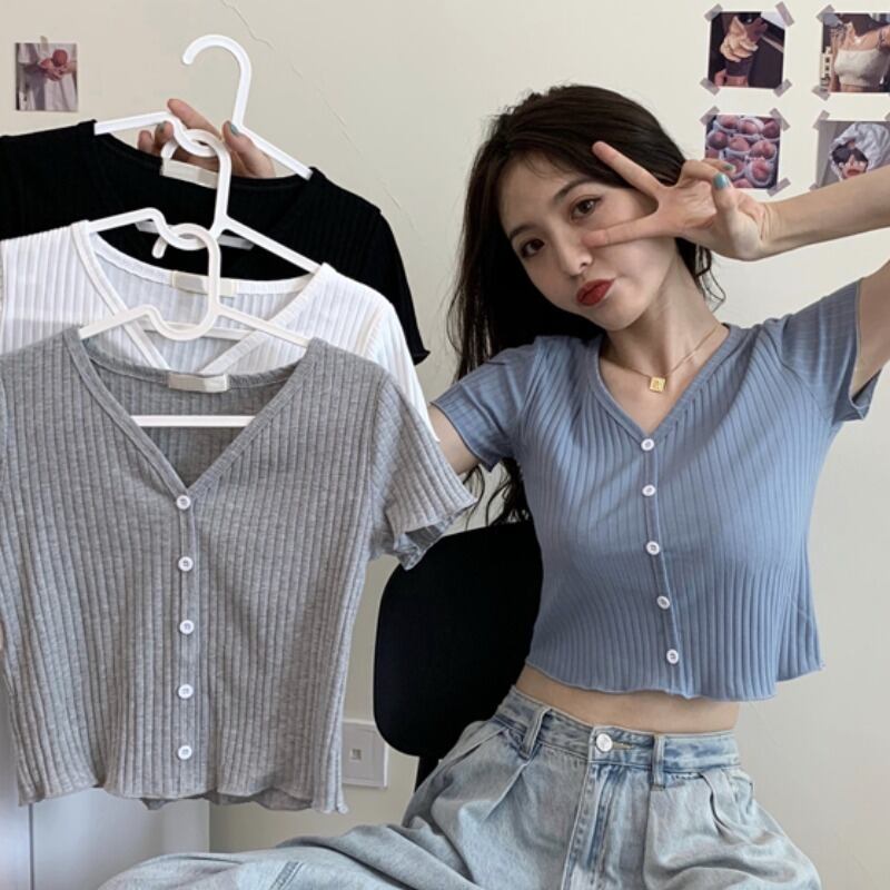 スリムショートトップス レディースサマー薄手VネックTシャツ 夏物 YY-ファッション51498438050