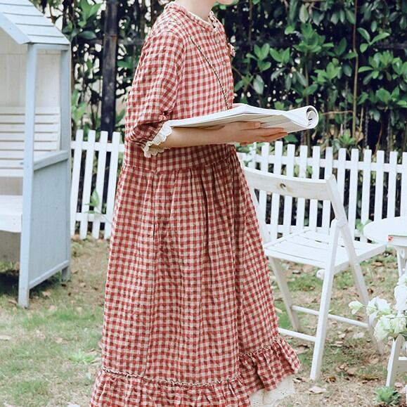 レトロチェックワンピース 1063 Lehtia レフティア 淡色レトロなナチュラルスタイル