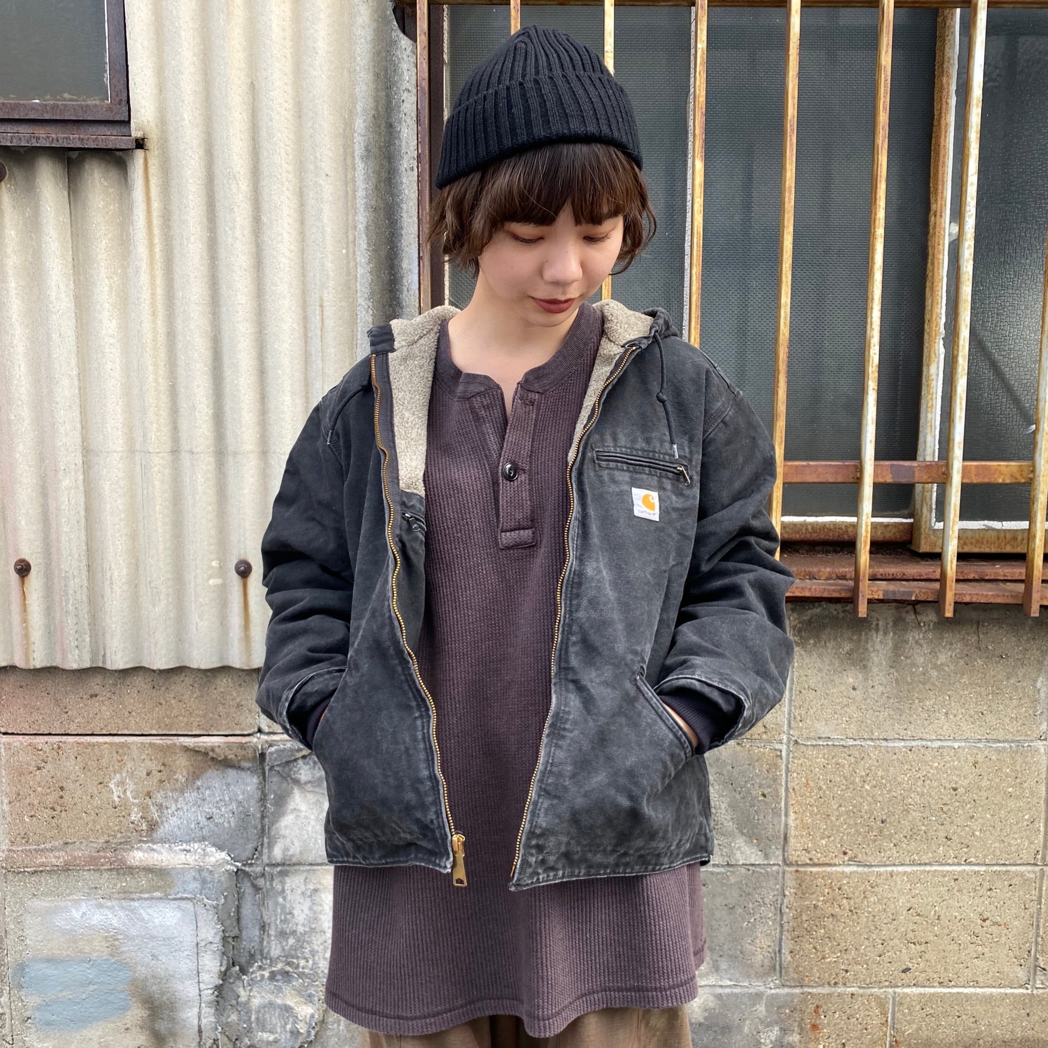 Carhartt カーハート デトロイトジャケット ワークジャケット フルジップパーカー フード付き ダック地 ボアライナー ブラック 黒 レディースxl メンズ 古着 ワークジャケット Cave 古着屋 公式 古着通販サイト