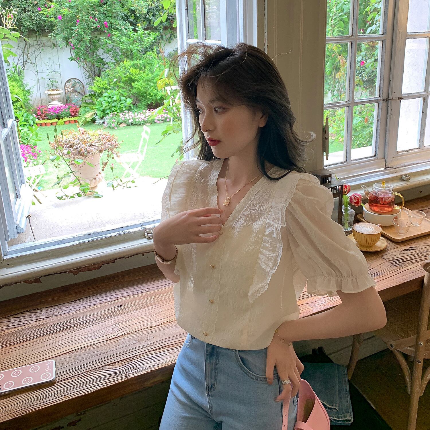 サマーシフォンシャツ ホワイトVネックスリーブレディース 夏物 HUCHUJING96692845294