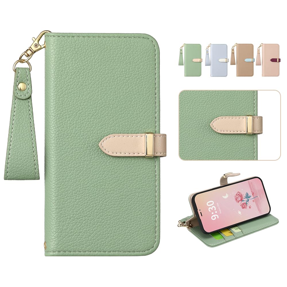 MAGICASE for iPhone 16ケース 手帳型 可愛い iPhone16 手帳型ケース 人気 スマホカバー アイフォン 16 手帳型 女性 ストラップ付 カード収納 横置き機能 全面保護 衝撃吸収 あいほん 16 バイカラー 財布型 マグネット式 着脱しやすい 高級PUレザー(グリーン)