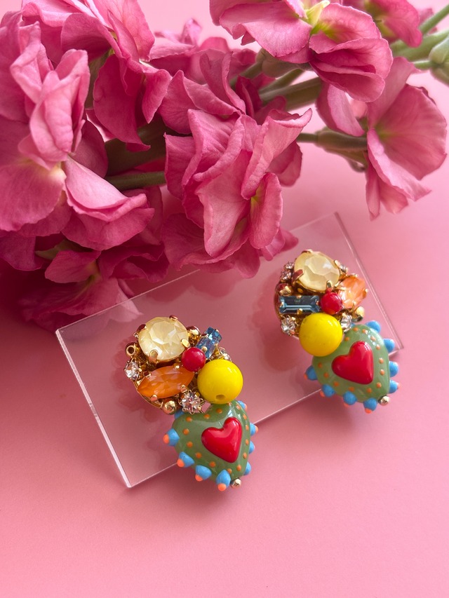 カラフルビジューハートピアス(グリーン)