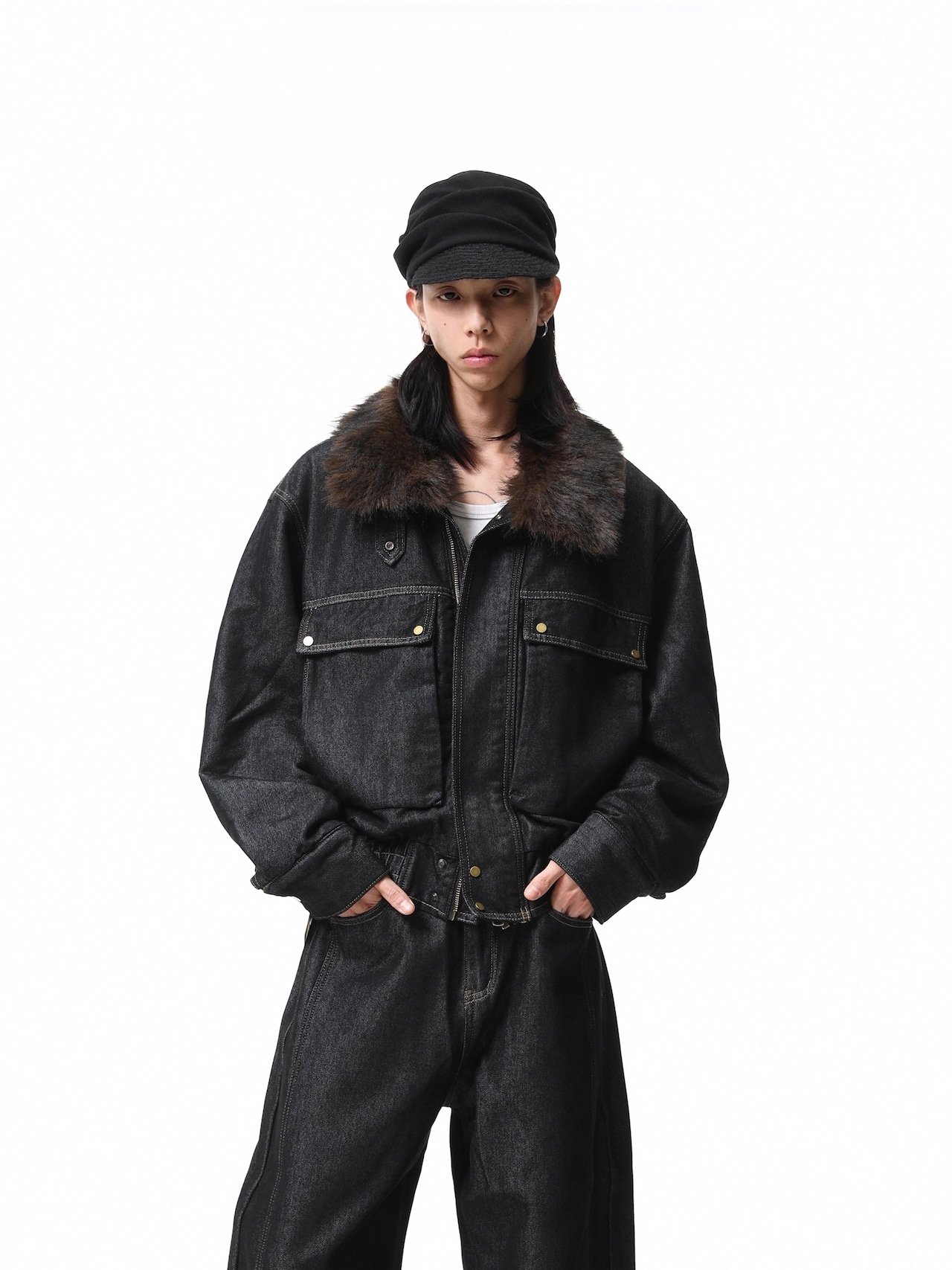 BOOGOOVOGUE Rabbit Fur Lined Denim Jacket