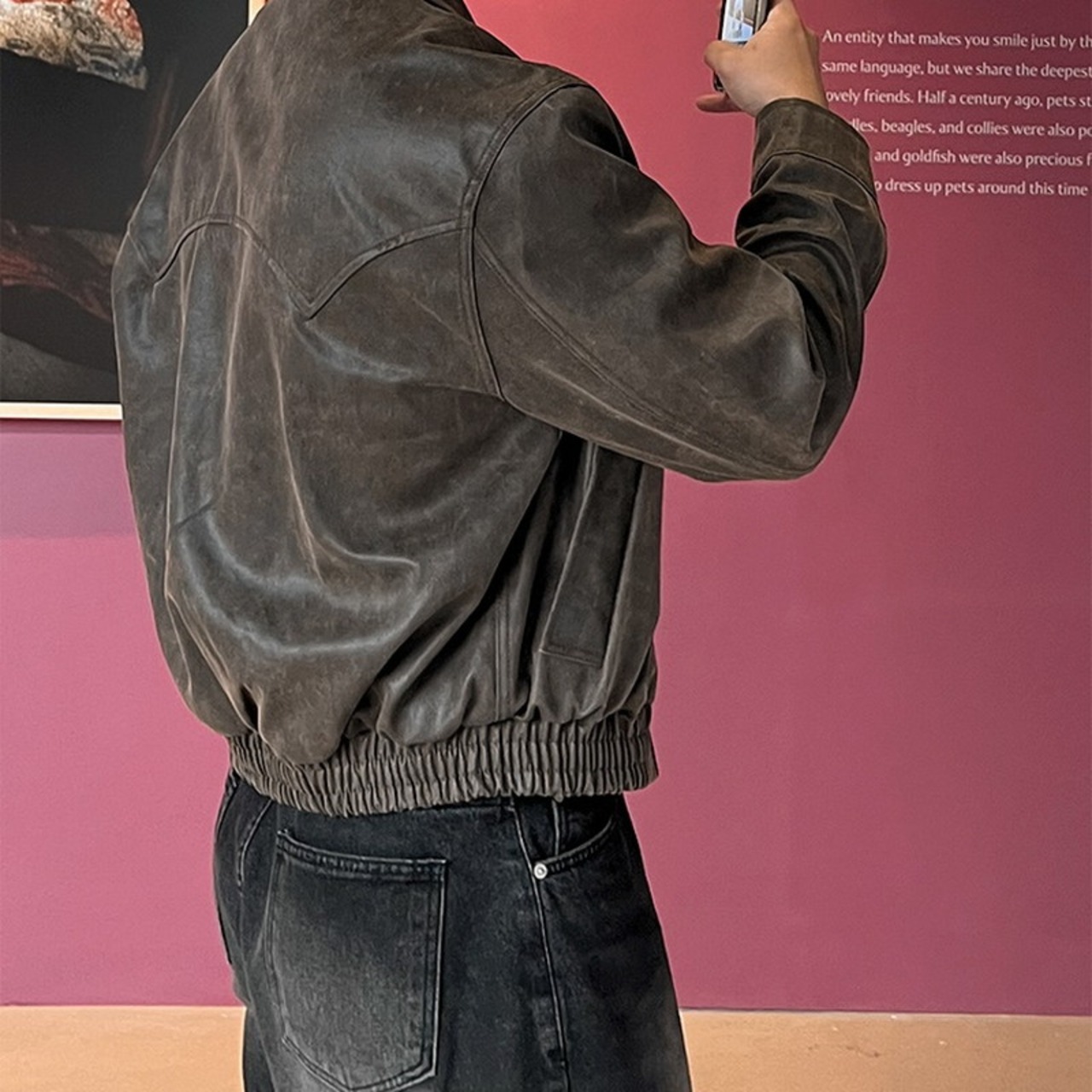 レトロショートブラウンフェイクレザーブルゾン　994