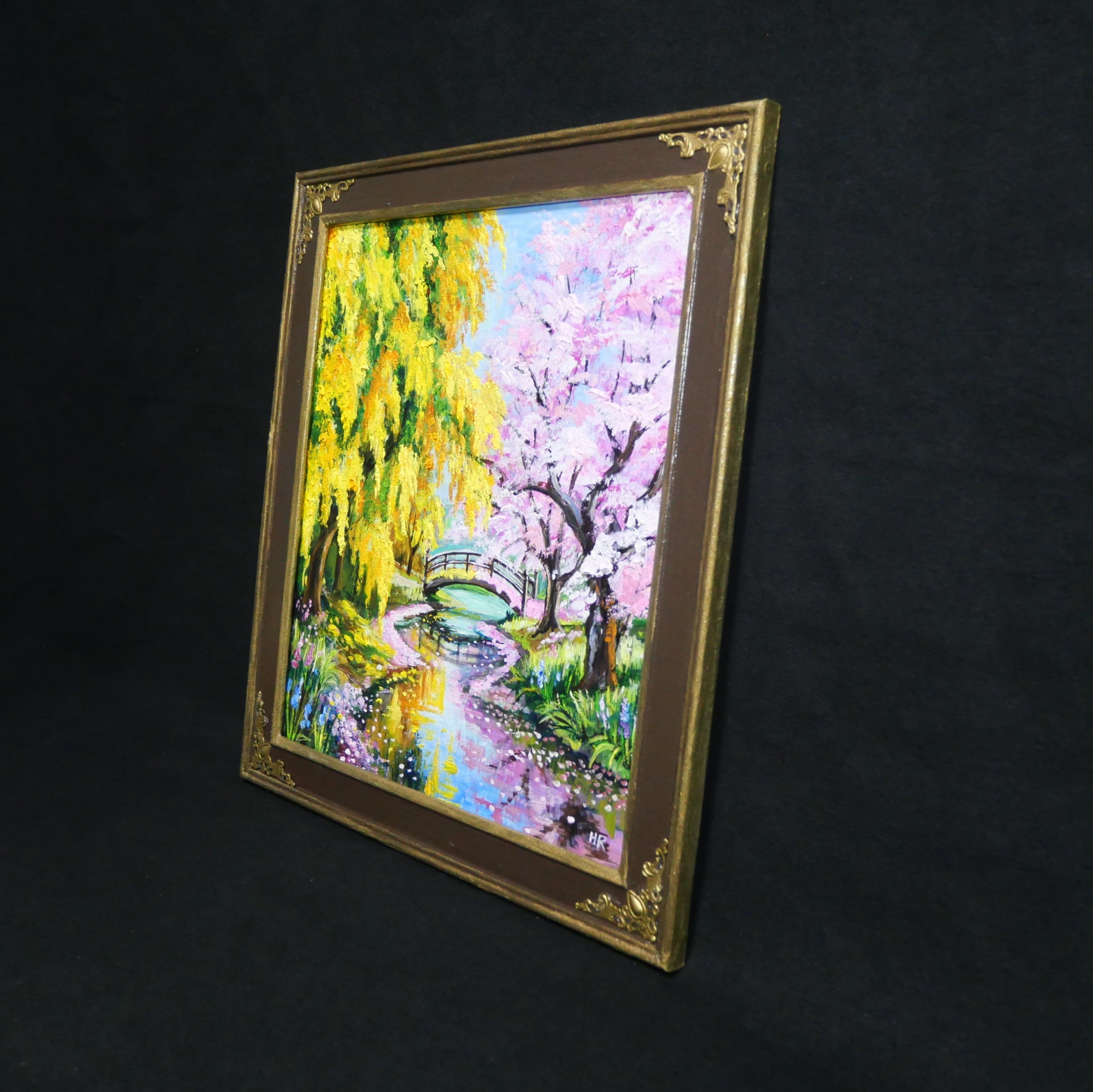 油絵 原画「陽だまりの庭園 〜桜とミモザの咲く日〜」 手描き 一点物