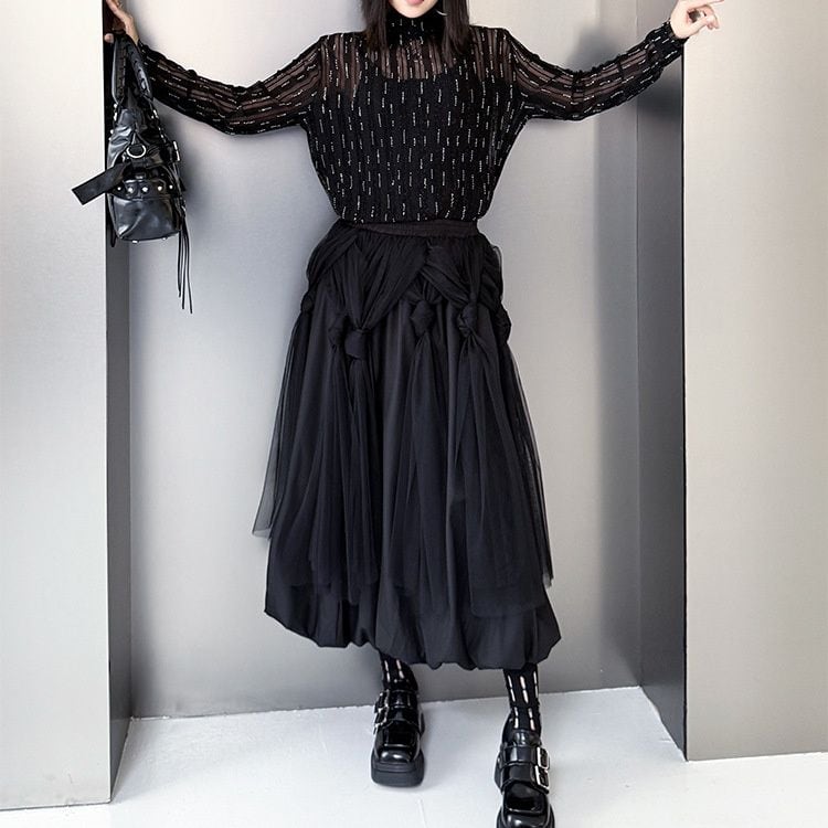 BLACK MESH LAYERED BALLOON A-LINE LONG SKIRT 1color M-15519