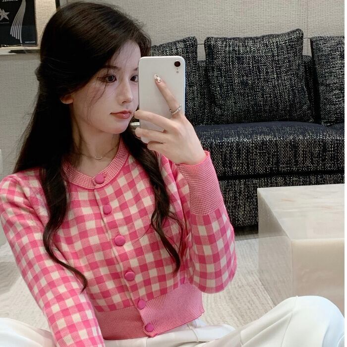 格子柄セーター ジャケット ニットカーディガン ピンク ドラファッションホール48679349986