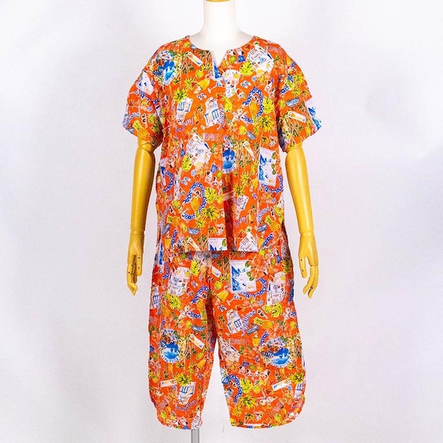 【セール】パジャマ　TUNIC　８０ローンサッカー・ハワイアン　オレンジ　半袖Vネックパジャマ　フリーサイズ　SSS-33065-B ￥20,900➡￥14,630