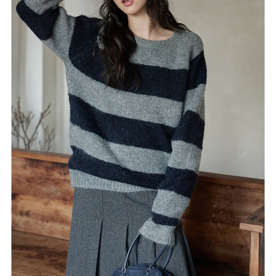 high end unique round neck striped sweater