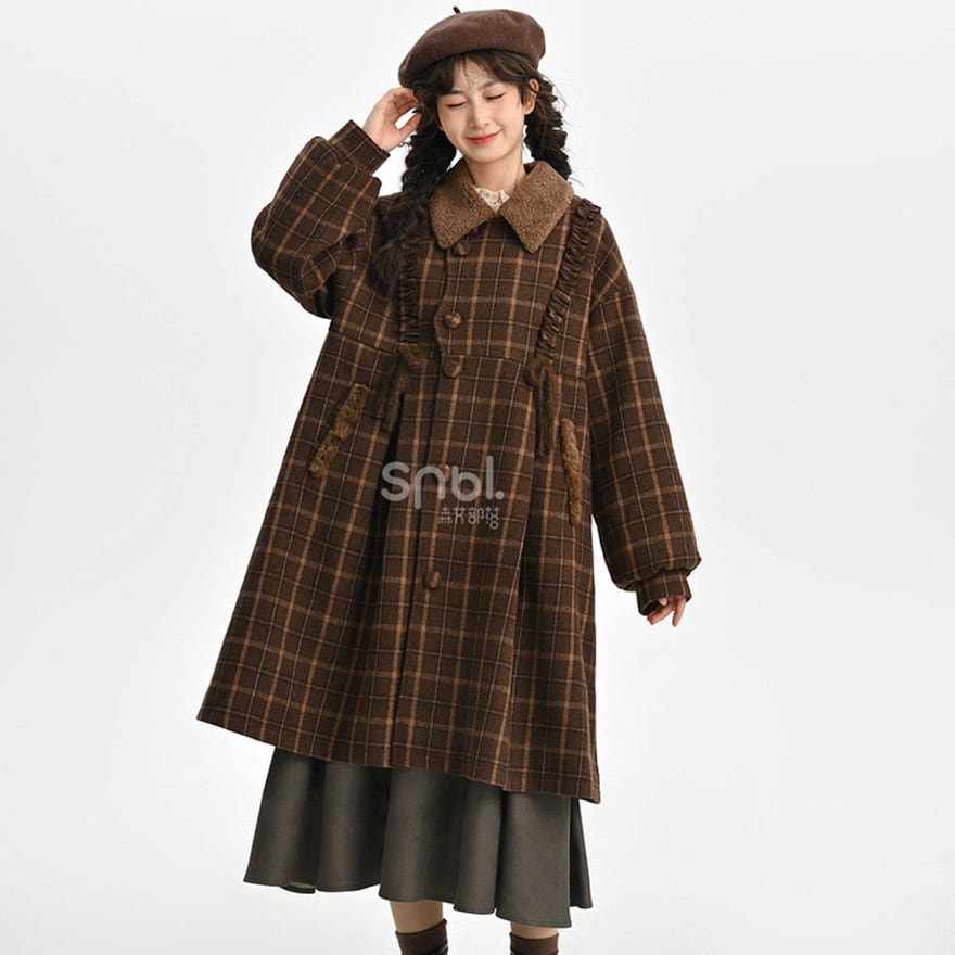 森ガール クラシカル コート チェック柄 英国風 レトロ 秋冬アウター