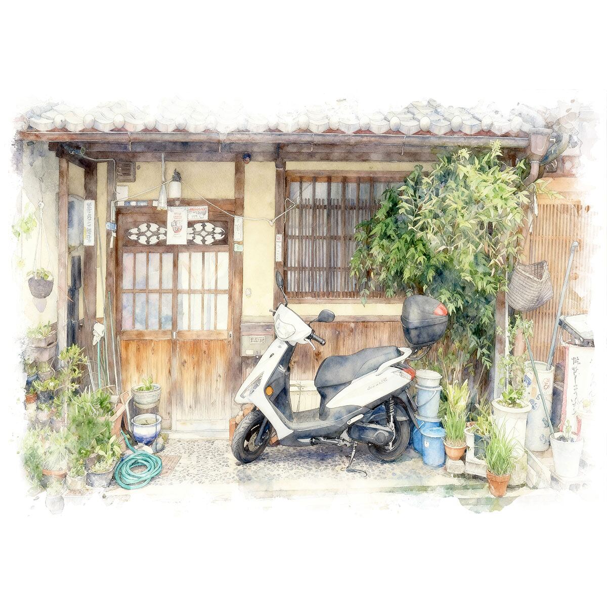 絵画 風景画(街並み) 日本 京都府 東山 日本の家屋 インテリアアート額付き 水彩画・油絵風 WAT1535