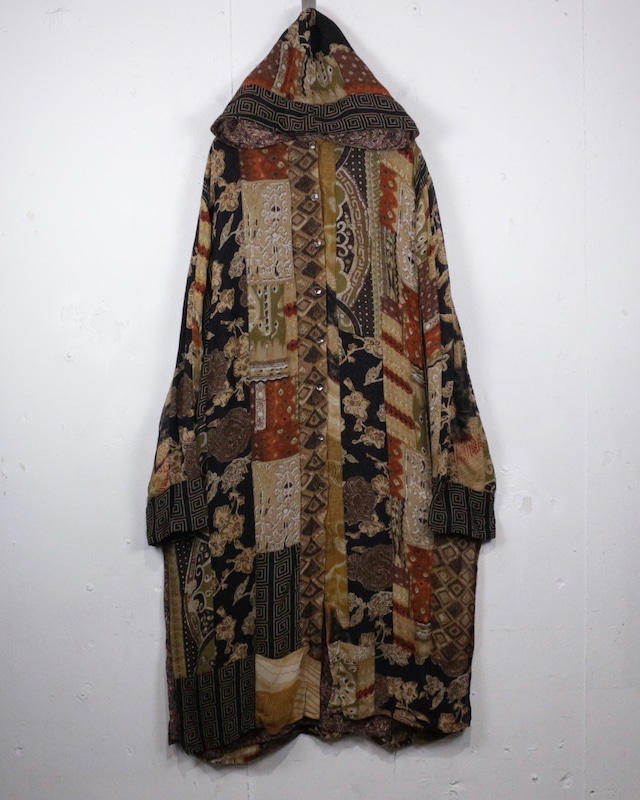 【Caka act2】“CHICO'S” Multiple Pattern Vintage Hooded Rayon Long Shirt