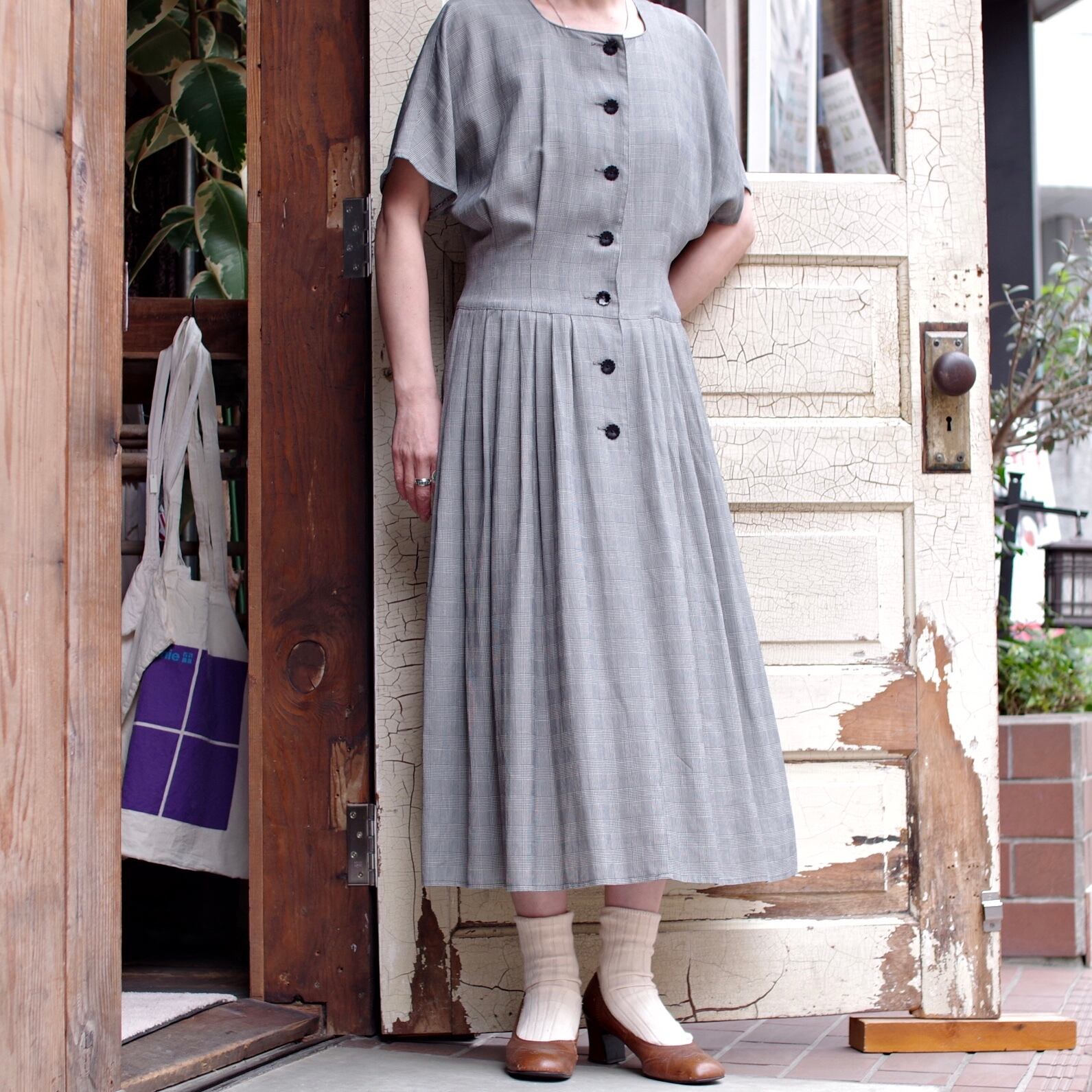 French sleeve Rayon Dress / フレンチスリーブ グレンチェック ドレス