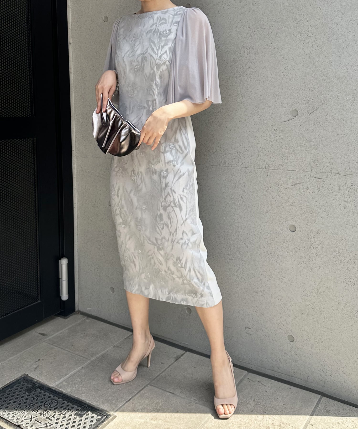 チュール袖フロッキープリントワンピース C/サックス 38 | troisiemechaco