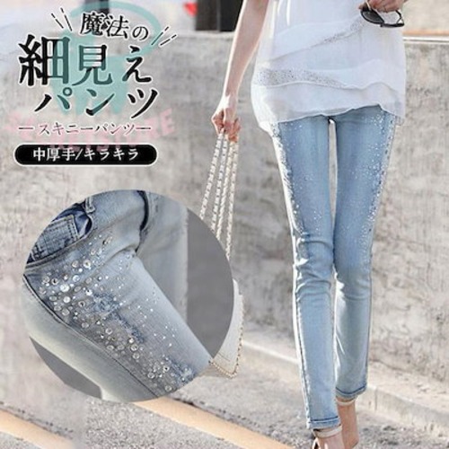 新品（タイムセール）スキニーパンツ レディース デニム ダメージ ジーンズ ストレッチ 大きいサイズ 10分丈 ジーパン 美脚 ボ 伸びる 無地