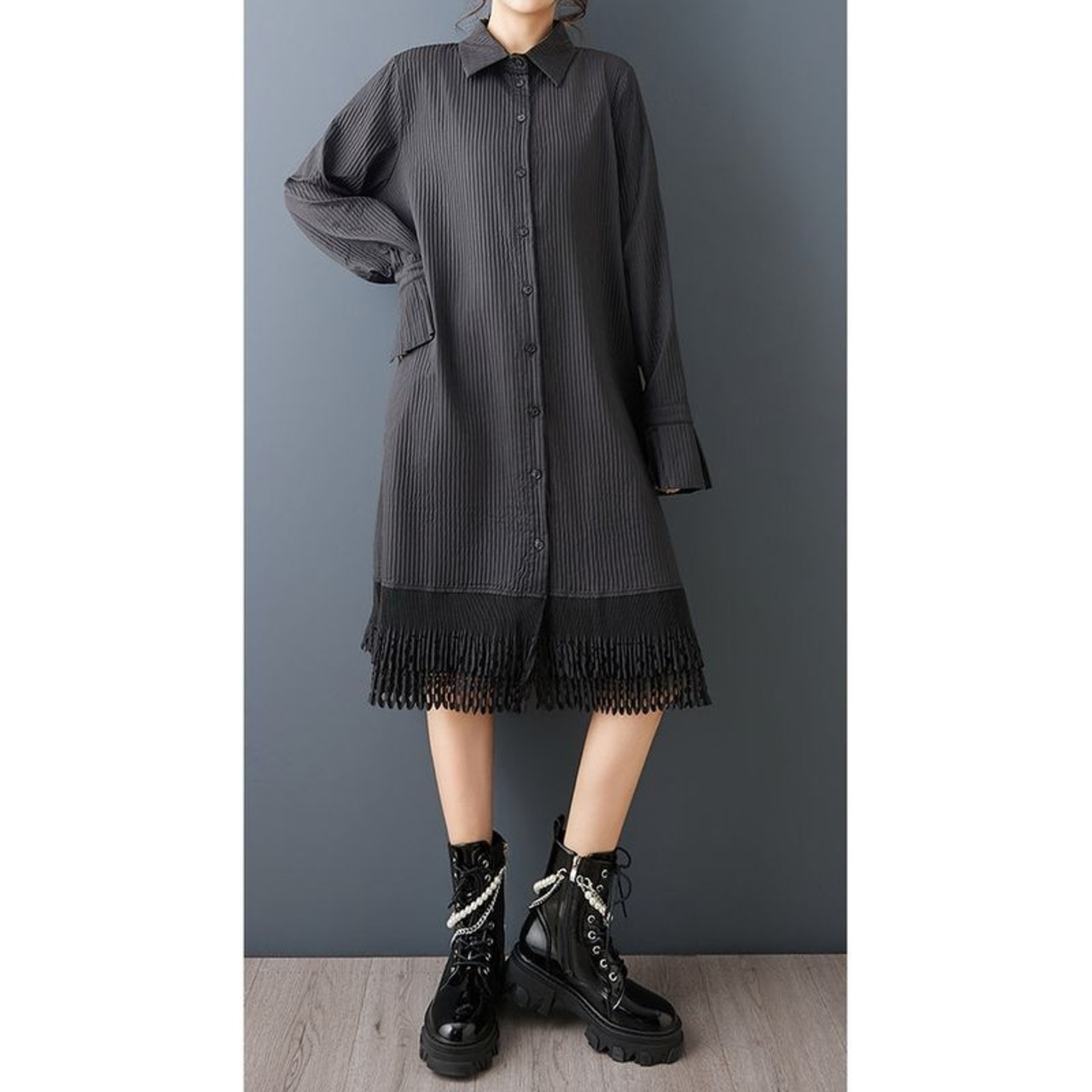 縦ライン レース裾 シャツワンピース  00365