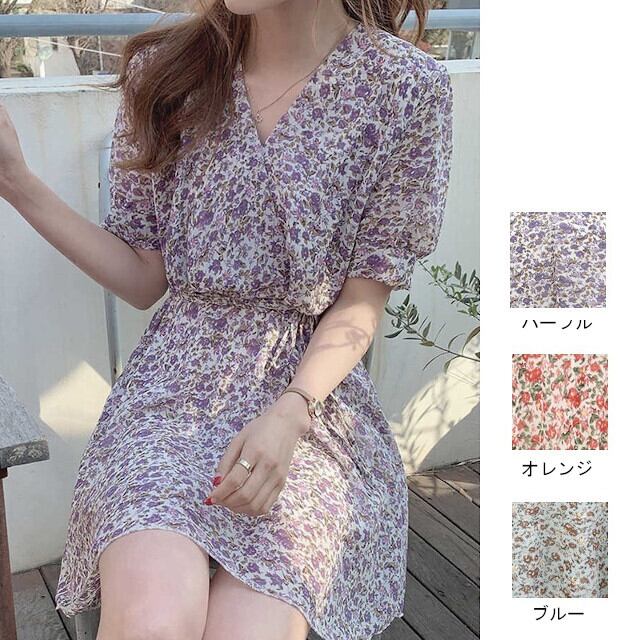 カジュアルワンピース 3色 パープル/オレンジ/ブルー シアー パフスリーブ カシュクール フレア花柄 フラワー シアー くすみカラー 渋色 半袖 五分袖 Vネック Aライン ミニワンピ S/M/L