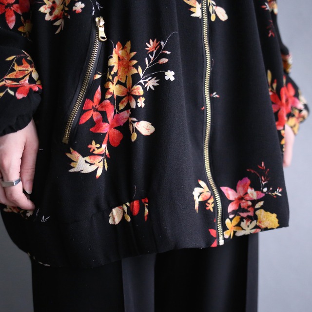 flower art pattern box silhouette loose zip-up blouson