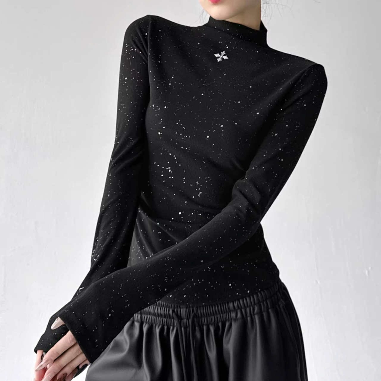 Winter Long Sleeve T-Shirt, Sparkly Mock Neck Slim Fit Top (ME295)